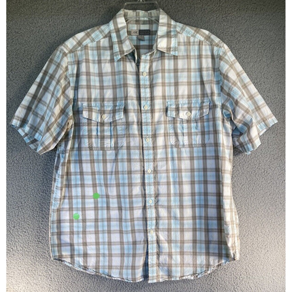 Joseph Abboud Shirt Mens Large Blue Tan Plaid Cotton Short Sleeve Button FLAWS
